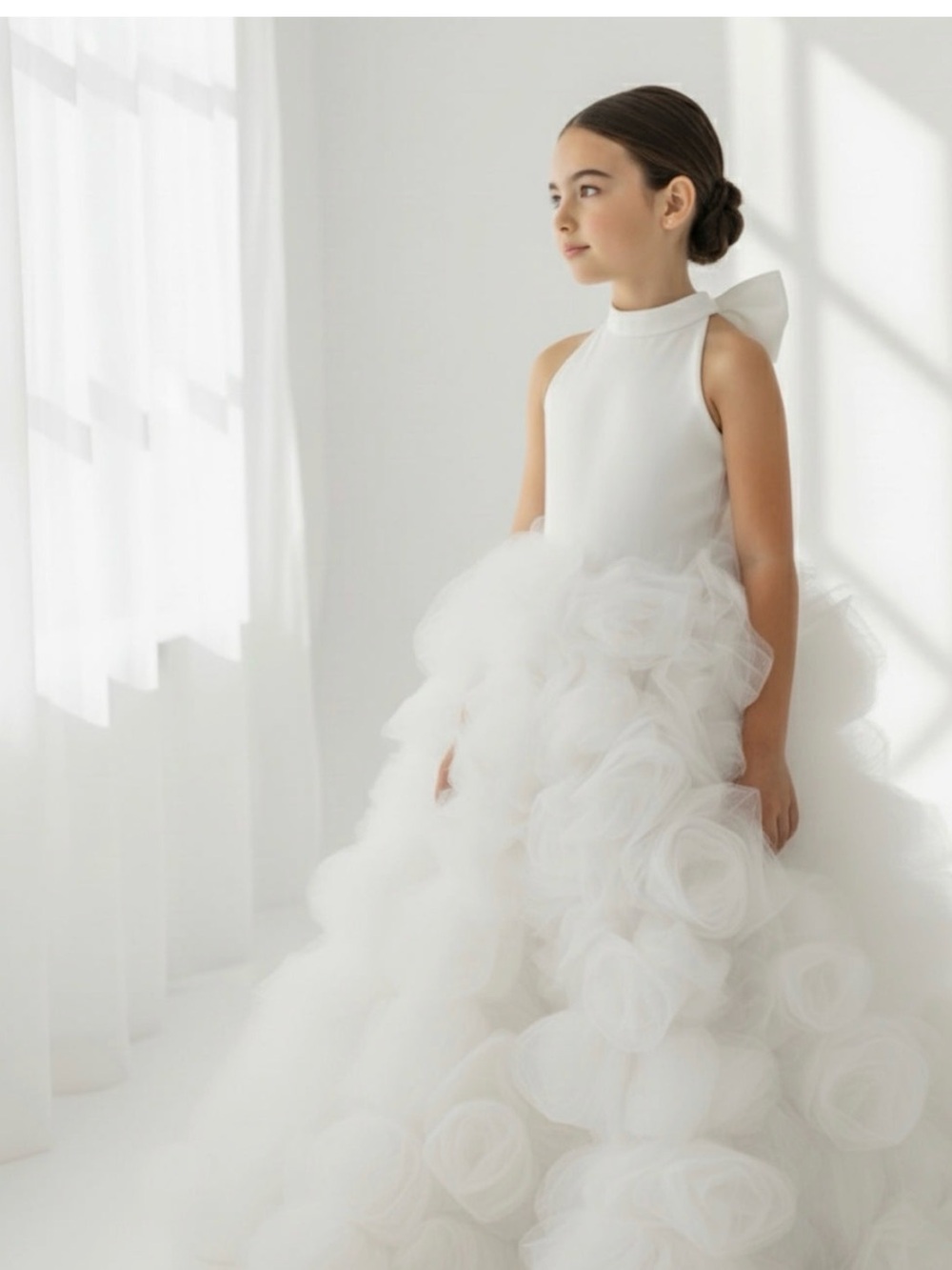 Mik & Me, Rosabelle White Tulle Ruffled Flower Girl / Communion Dress